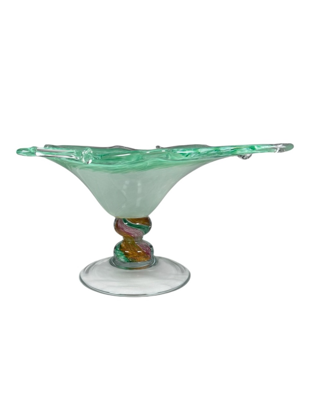 Hand Blown Art Glass Pedestal Bowl Green White Swirl Ruffled Edge Centerpiece